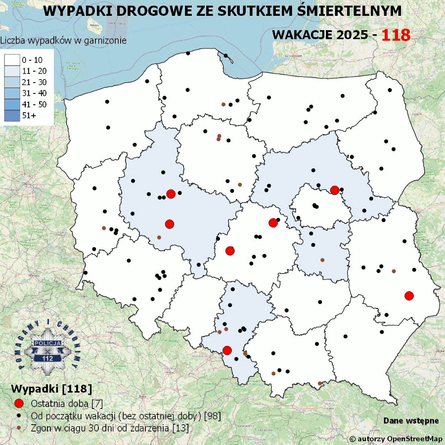Mapa prezentująca liczbę wypadków poprzedniej doby w Polsce. Prezentowane dane są dostępne w tekście poniżej.